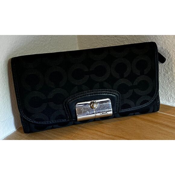 Coach Handbags - COACH KRISTEN BLACK Signature Op Art Design Long Wallet EUC